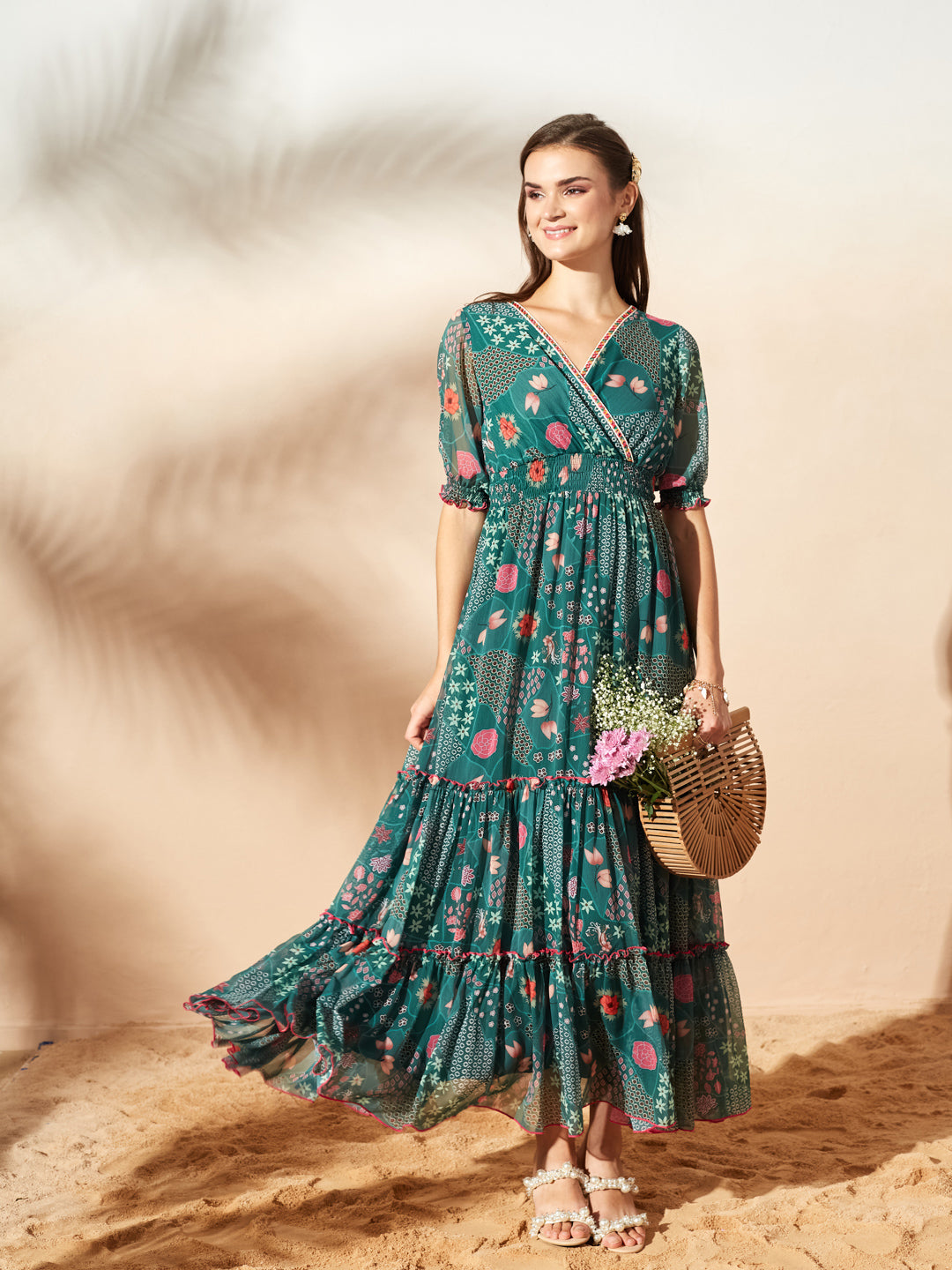 Emerald Green V-Neck Puff Bohemian Overlap/ Tiered Maxi Chiffon Ethnic Dress for Women — Miss Chase