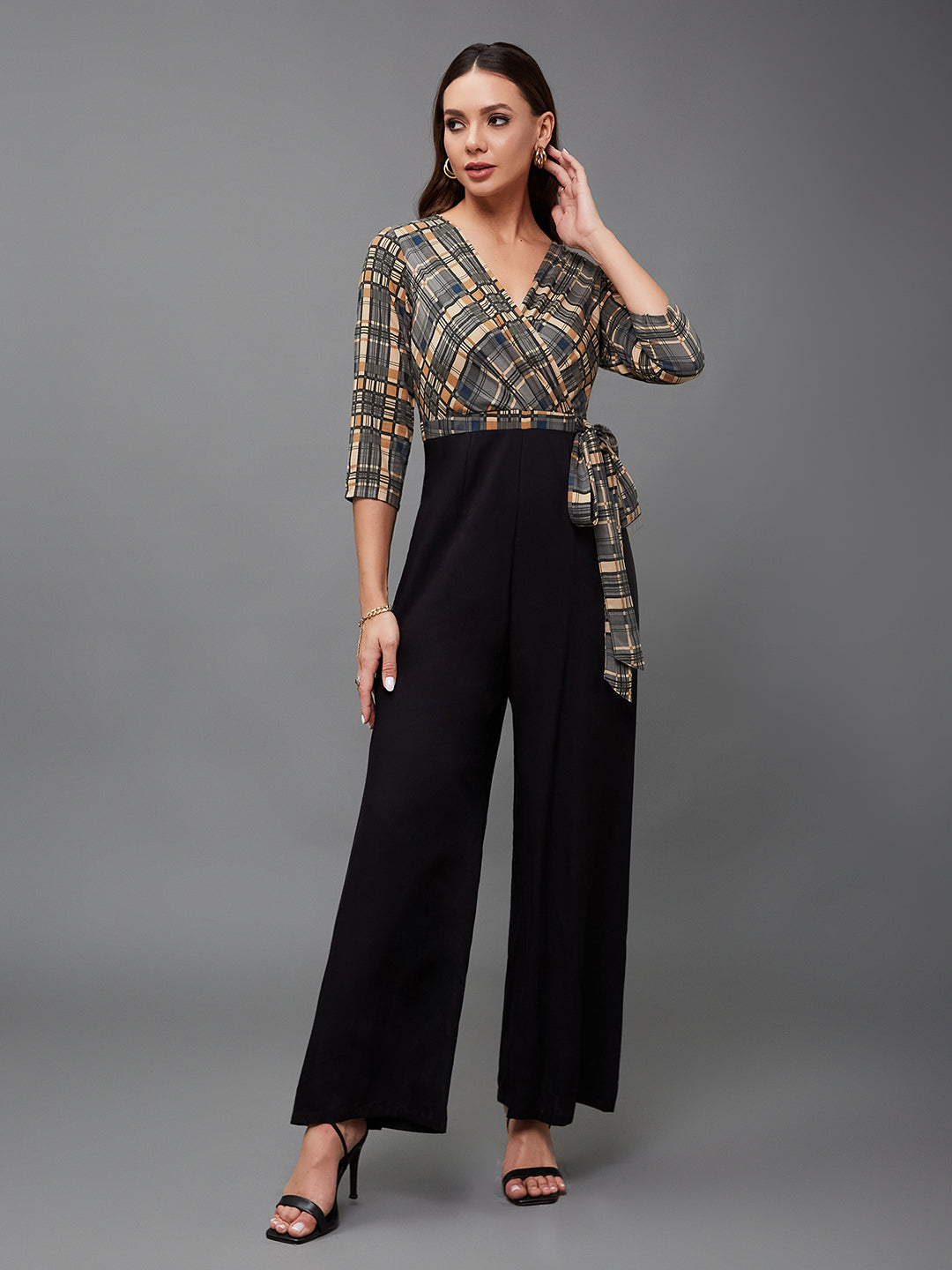 Women's Multicolored-Base-Black V-Neck 3/4 Sleeve Checkered Wrap Regular-Length Viscose Rayon Jumpsuit