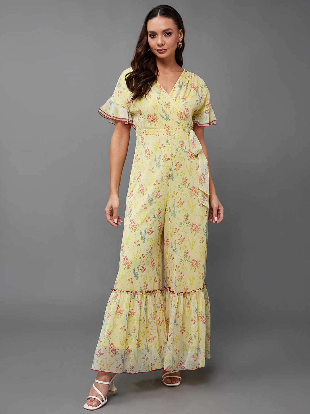 Women's Multicolored-Base-Lime Yellow V-Neck Half Sleeve Floral Wrap Regular-Length Chiffon Jumpsuit