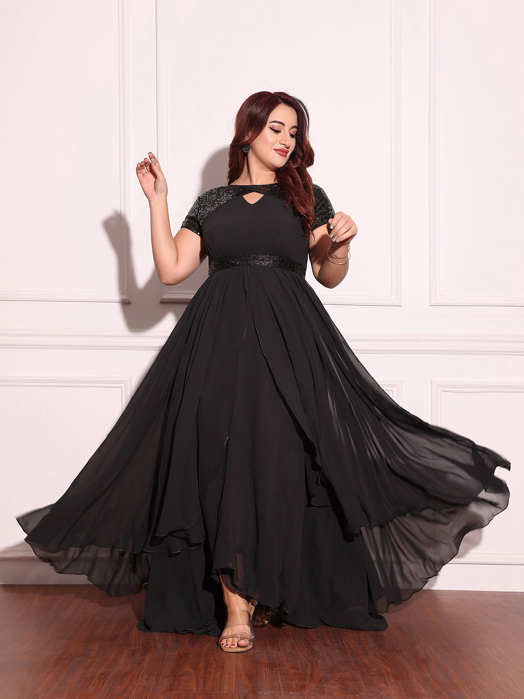 Black Keyhole Neck Short Sleeve Embellished Layered Georgette Maxi Dress  for Women