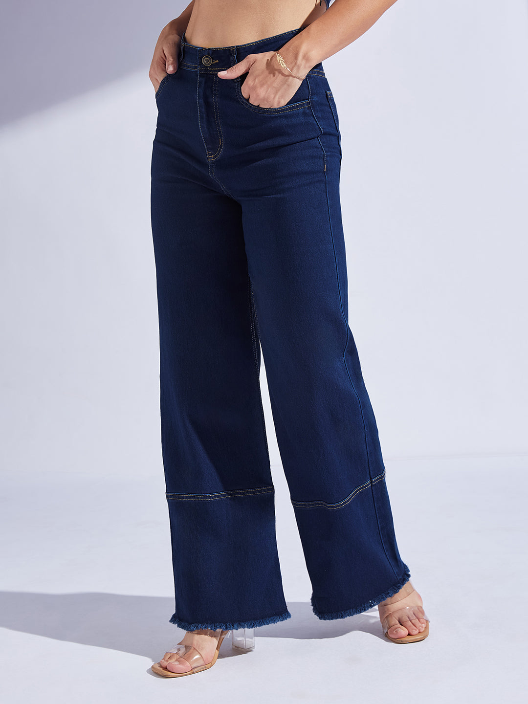 Women's Navy Blue Wide Leg High-Rise Regular-Length Stretchable Denim Jeans