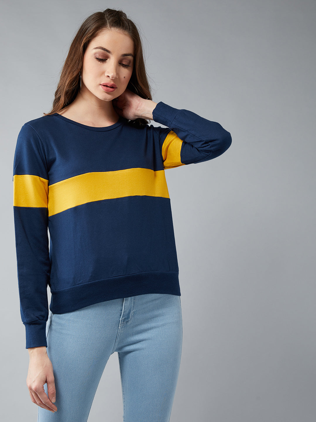 Women's Navy Blue Round Neck Full Sleeves Cotton Solid Boxy Colorblock Sweatshirt