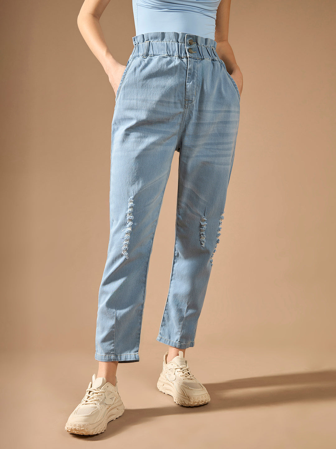 Women's Light Blue Mom's Jean High rise Mild Distress Stretchable Denim Jeans