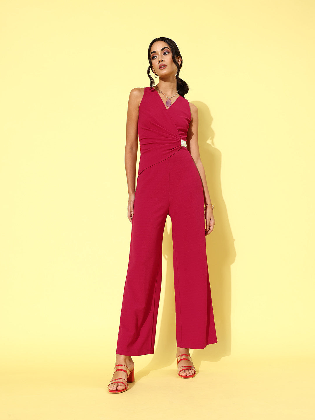 Crease Ease Women's Dark Pink V-Neck Sleeveless Solid Embellished Regular Jumpsuit