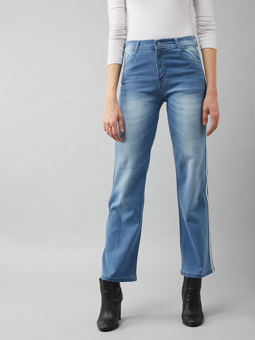 24/7 Comfort Women's Blue Cotton Wide-Leg Relaxed Mid Rise Stretchable Denim Jeans