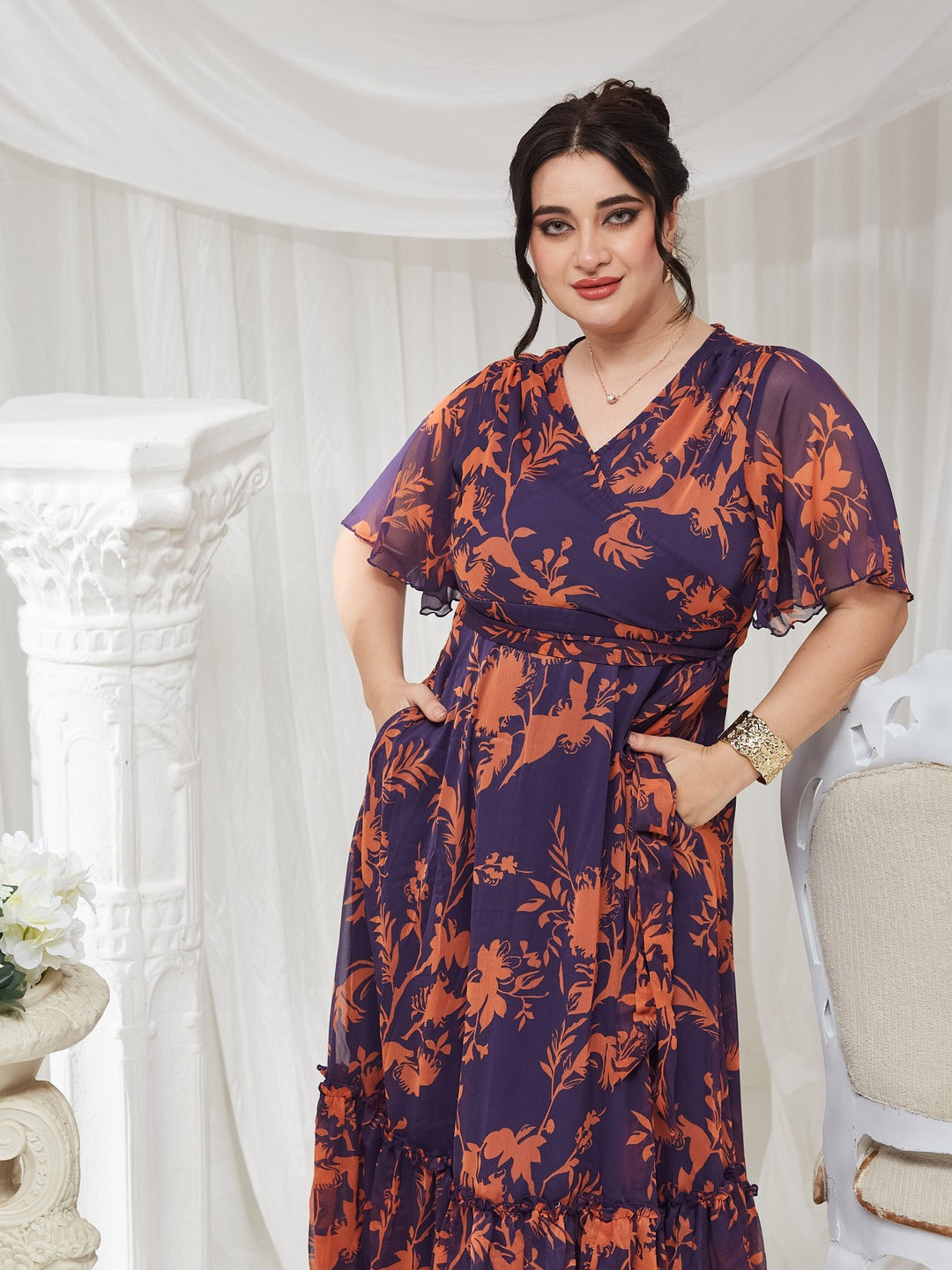 Women's Orange and Purple Floral Wrap Chiffon Maxi Dress with Flutter Sleeves and Frilled Hem