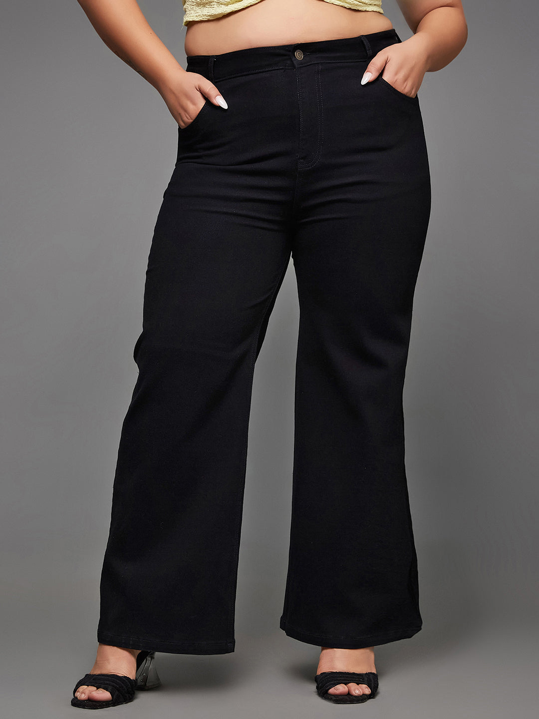 24/7 Comfort Black Wide-Leg High-Rise Stretchable Denim Jeans for Women