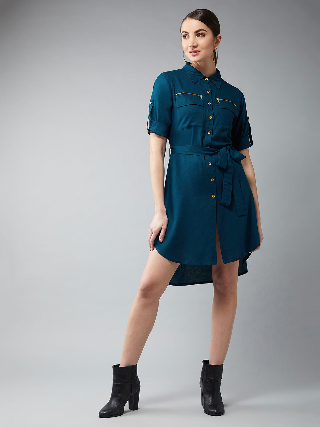 Women's Teal Collared Three-Fourth Sleeved Solid Knee-Length Shirt Dress