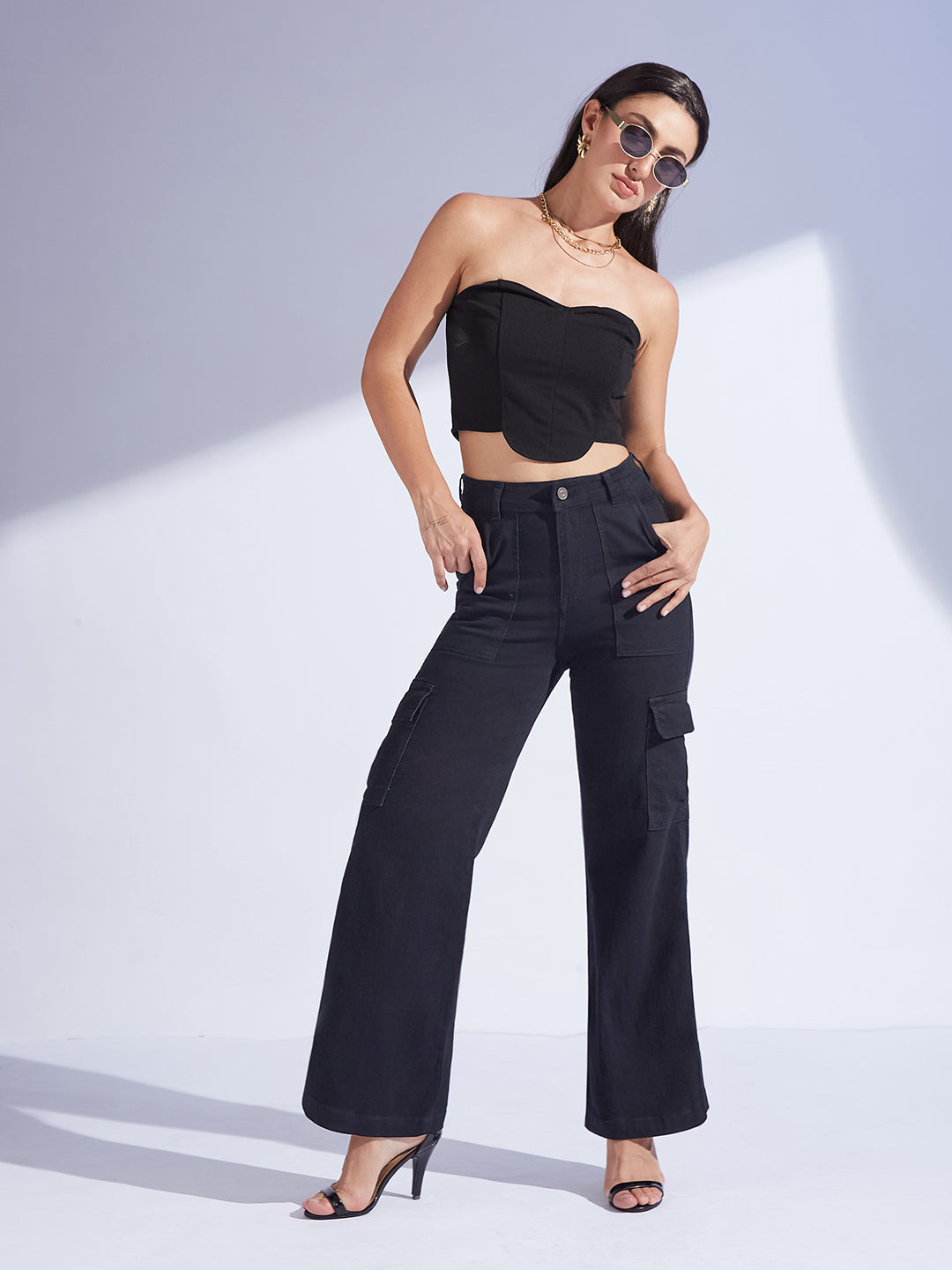 Women's Black Wide-Leg High-Rise Clean-Look Regular-Length Stretchable Denim Cargo Jeans
