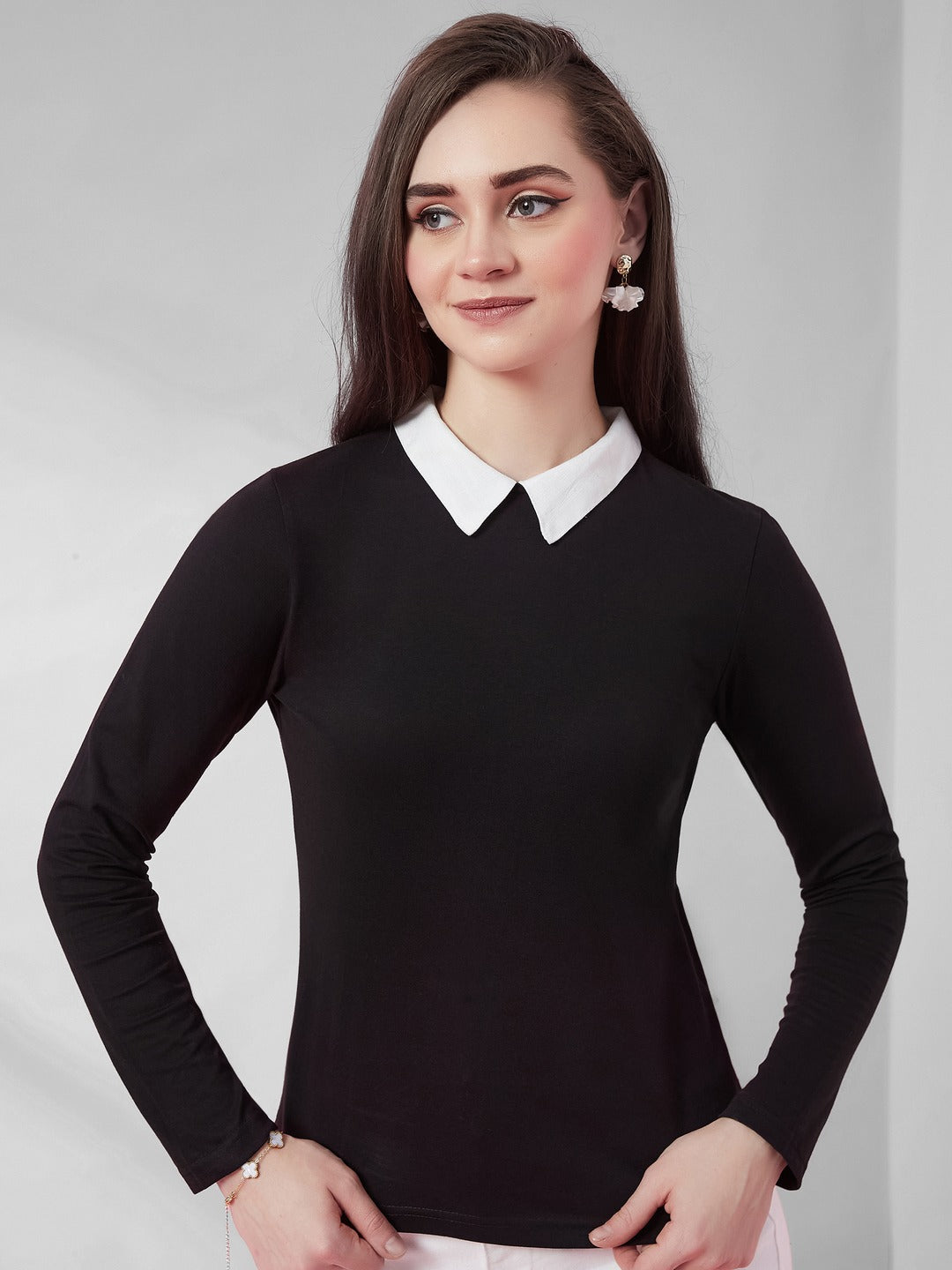 Black Collared Round Neck Full Sleeve Cotton Solid Buttoned Top for Women