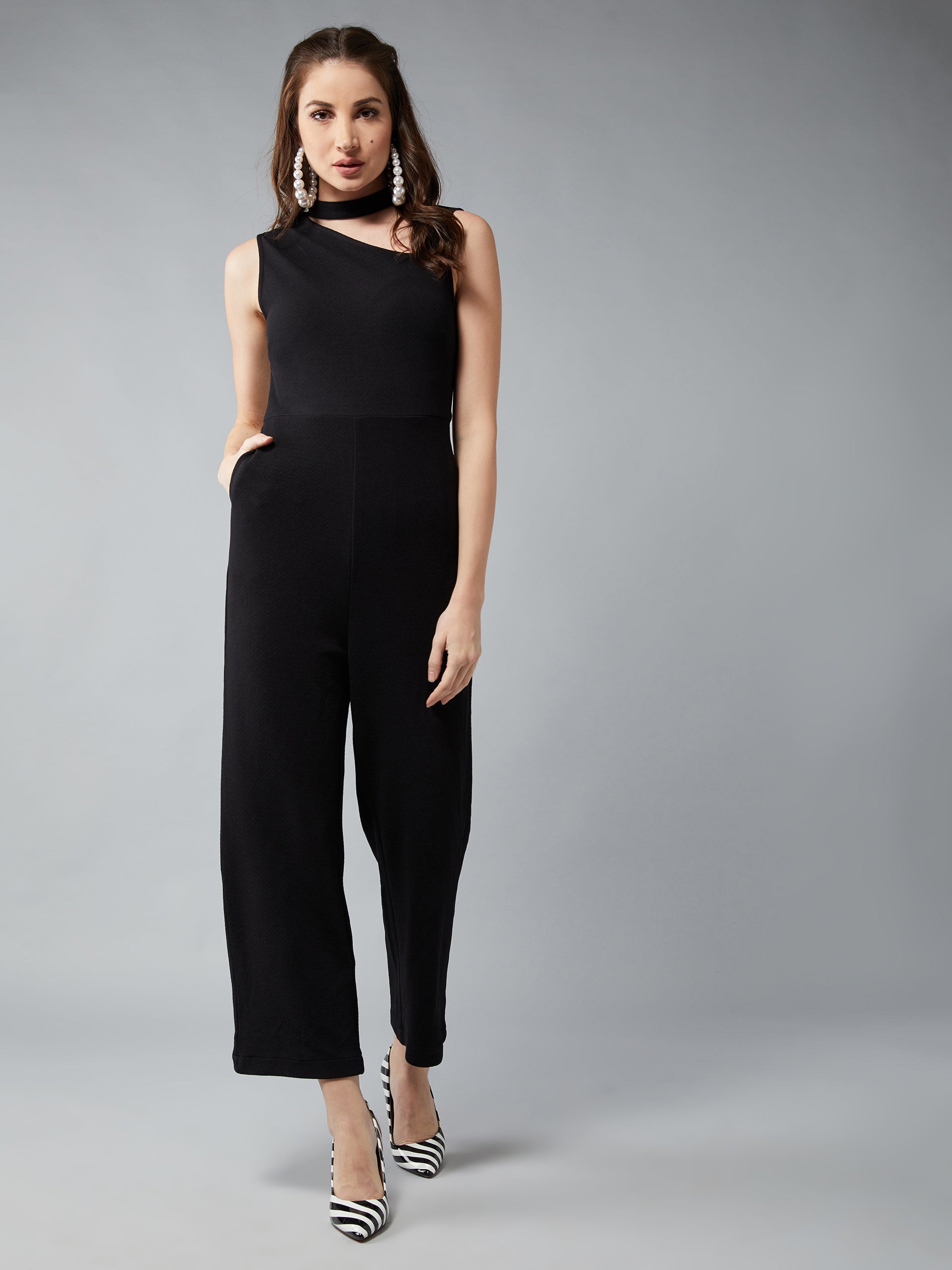 Women's Black V-Neck Sleeveless Solid Wide Leg Regular Length Jumpsuit