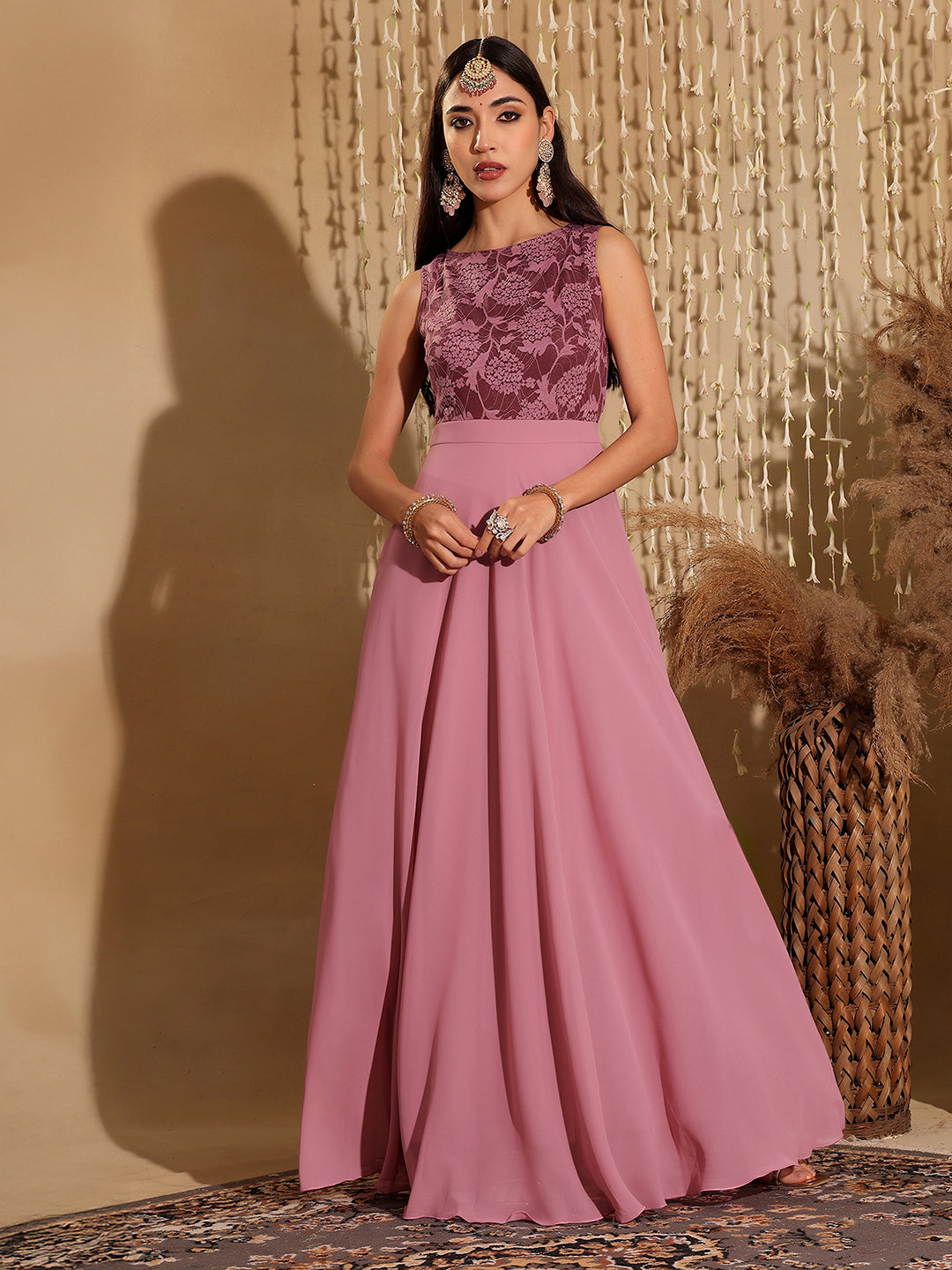 Women's Lavender Round neck Sleeveless Solid Lace Overlaid Maxi Dress