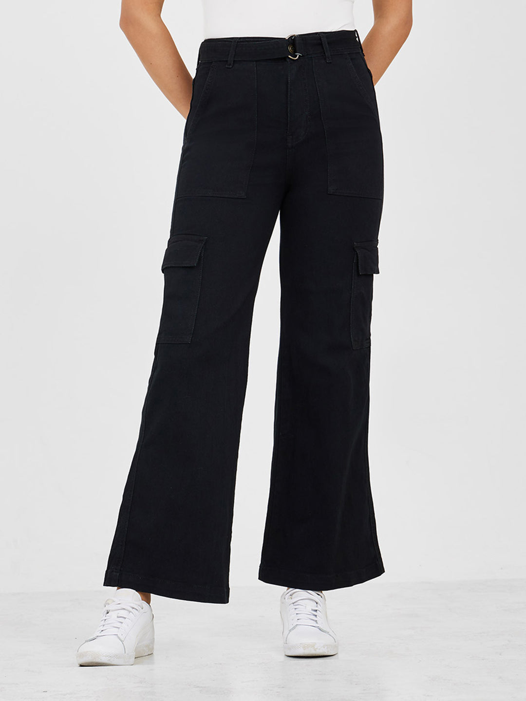 Women's Black Wide leg High rise Clean look Regular Stretchable Denim Jeans