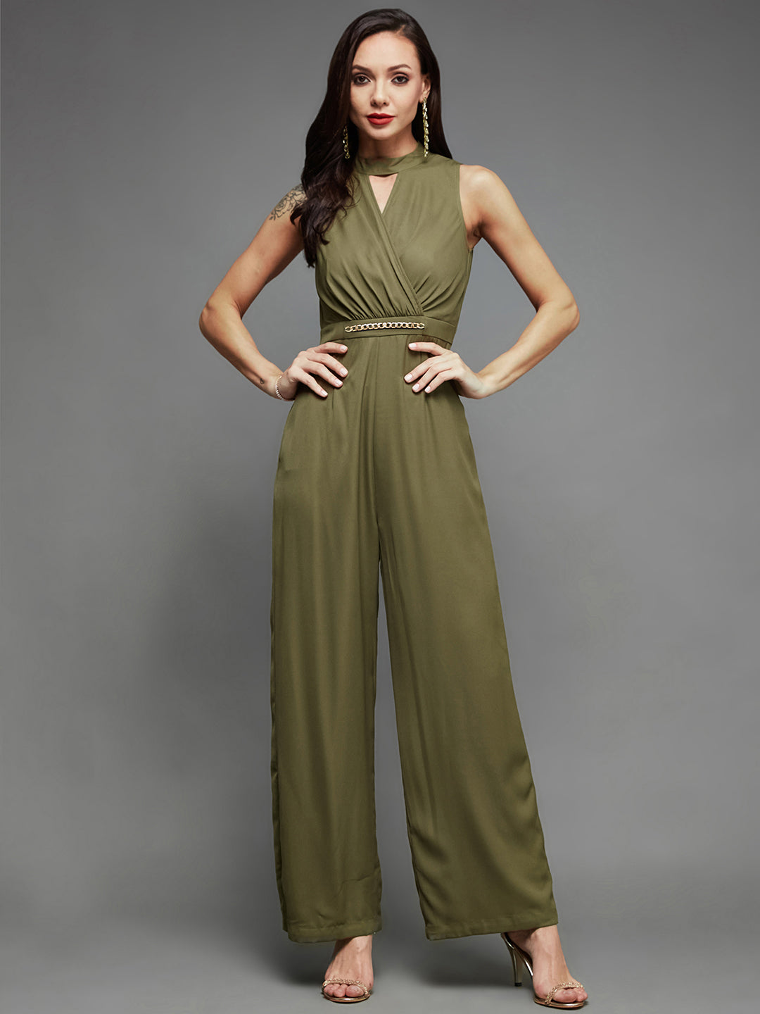 Women's Olive Solid Keyhole Neck Sleeveless Side Pocketed Crepe Wrap Regular-Length Jumpsuit