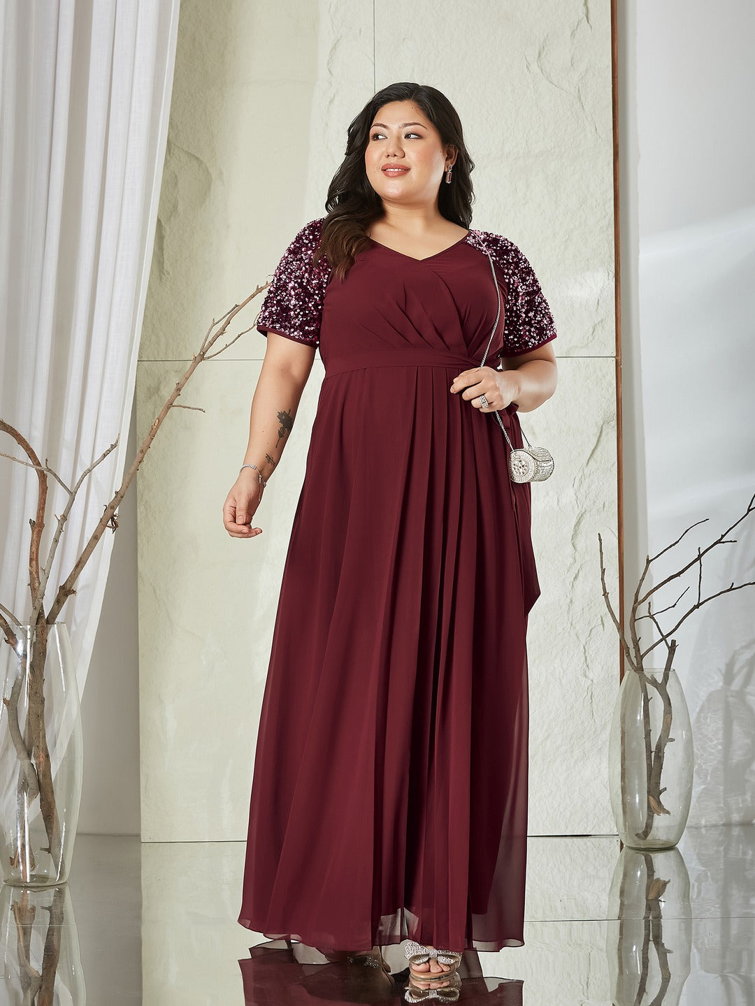 Wine Relaxed Fit Maxi Georgette Dress for Women
