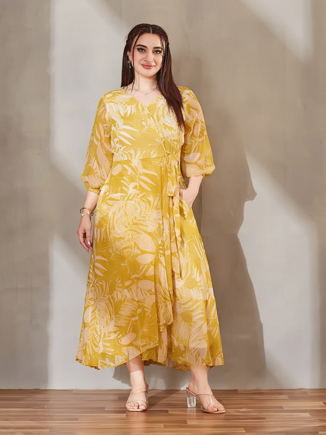 Yellow & White V-Neck Full sleeve Floral Layered Maxi Dress for Women