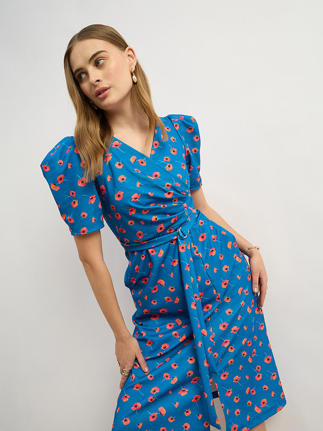 Women's Multicolored-Base-Blue V-Neck Pleated Puff Sleeve Floral Patterned Wrap Midi Polyester Dress