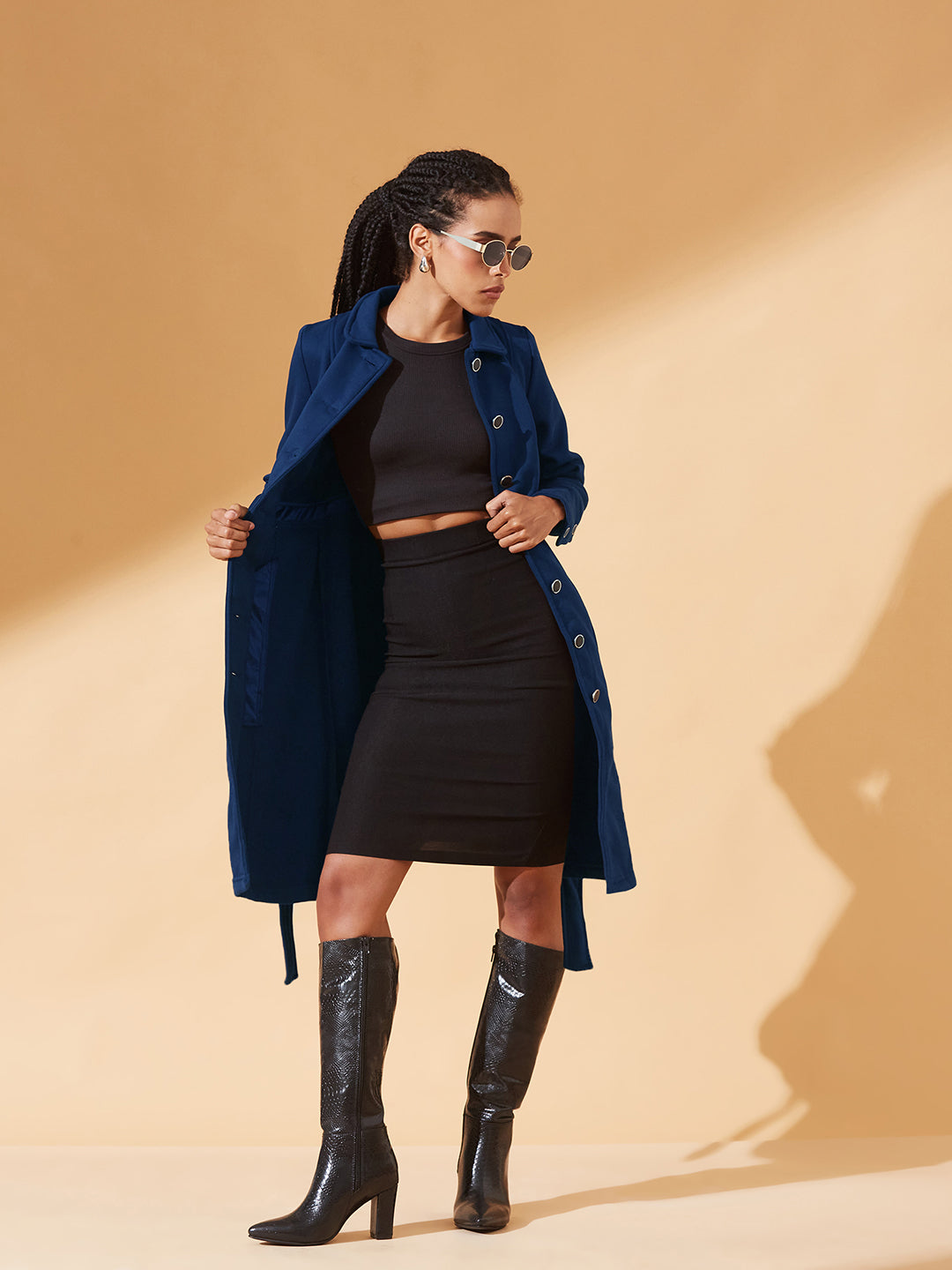 Navy-Blue Collared Full Sleeve Solid Tie-up Longline Jacket for Women
