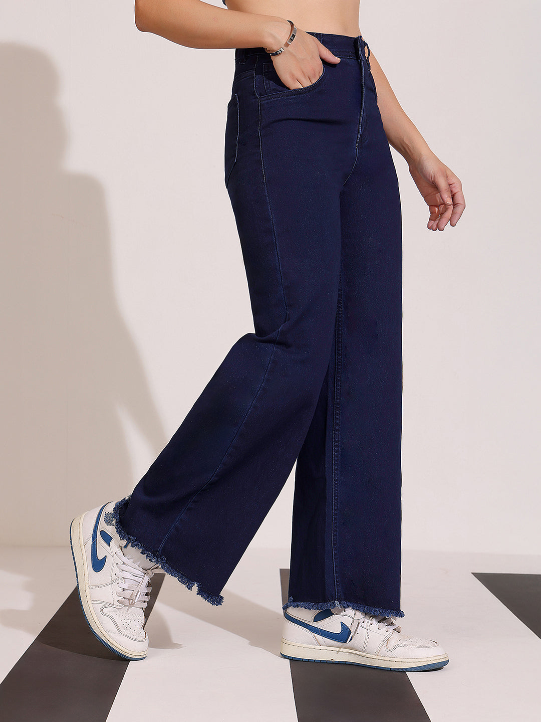 Women's Navy Blue Wide-Leg High-Rise Clean-Look Regular-Length Stretchable Denim Jeans