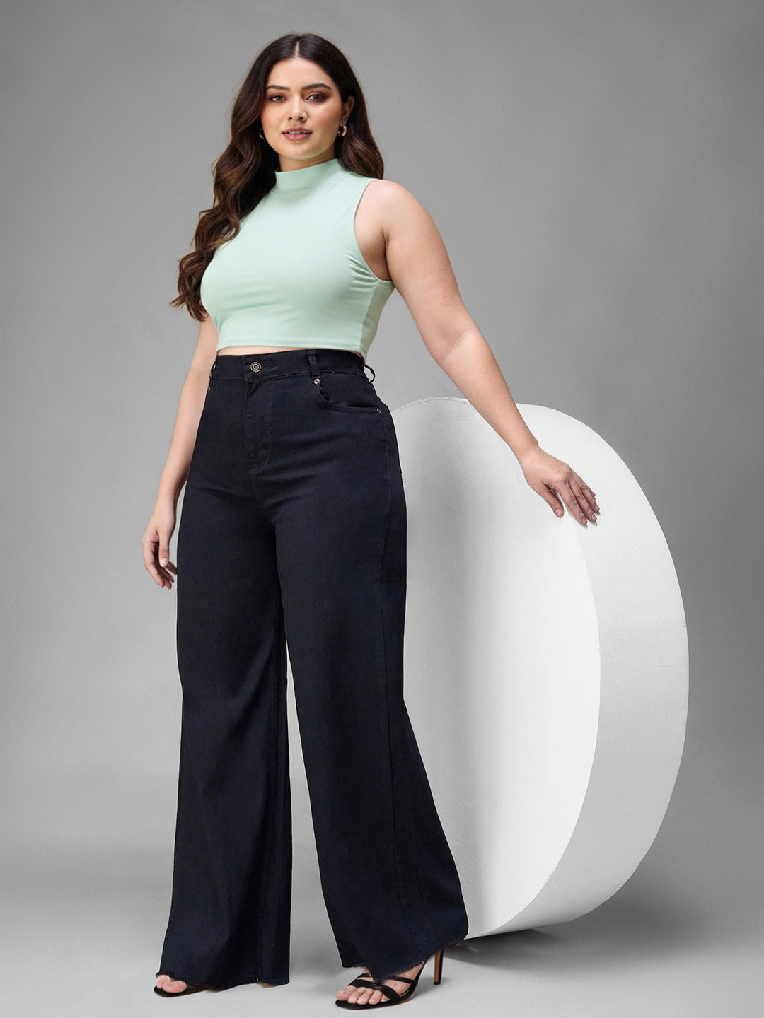 Black High Rise Stretchable Wide Leg Denim Jeans for Women