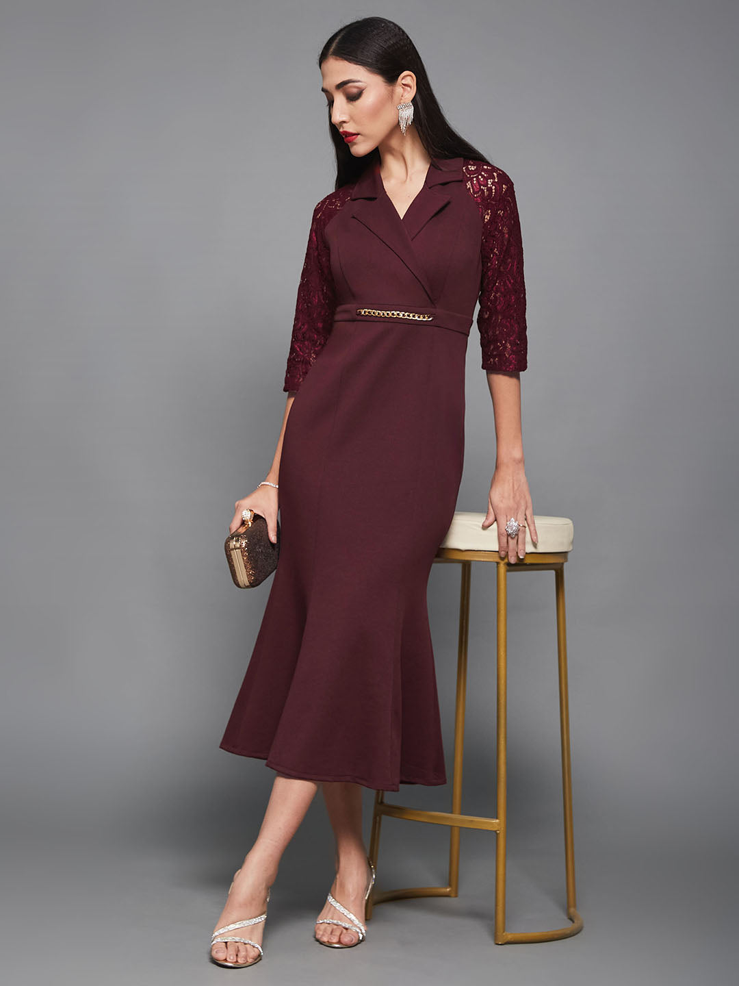 Wine Notched Collar Three-Quarter Sleeve Self-Designed Bodycon Midi Dress for Women