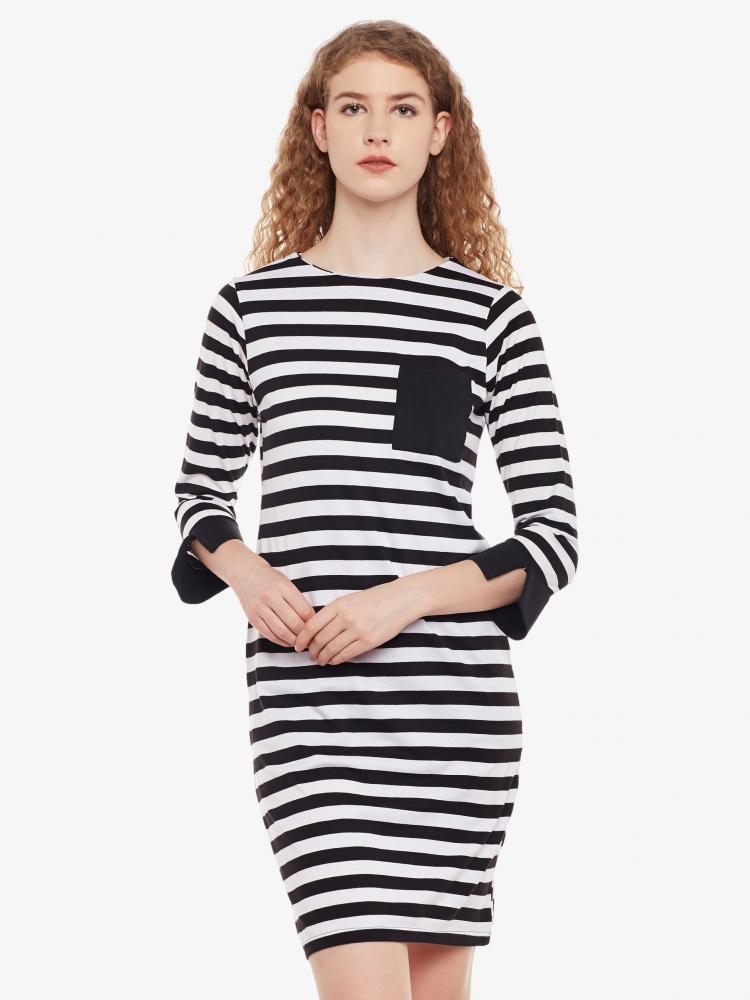 Black & White Round Neck 3/4 Sleeves Mini Dress for Women