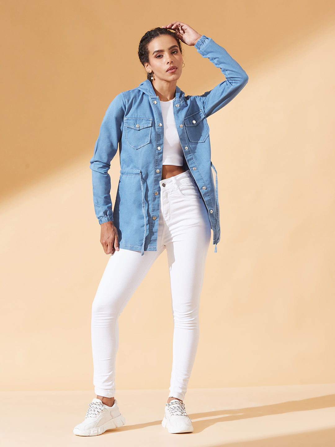 Light-Blue Round Neck Full Sleeve Solid Long hoodie with tie-up Regular Jacket for Women