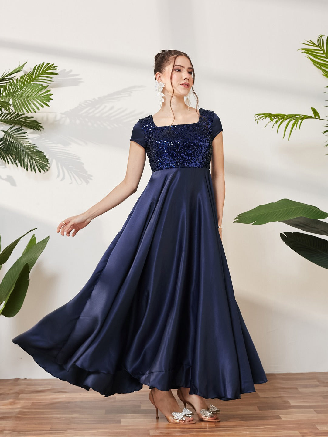 Navy Blue Square Neck Short Sleeve Embellished Polyester Fit & Flare Maxi Dress for Women