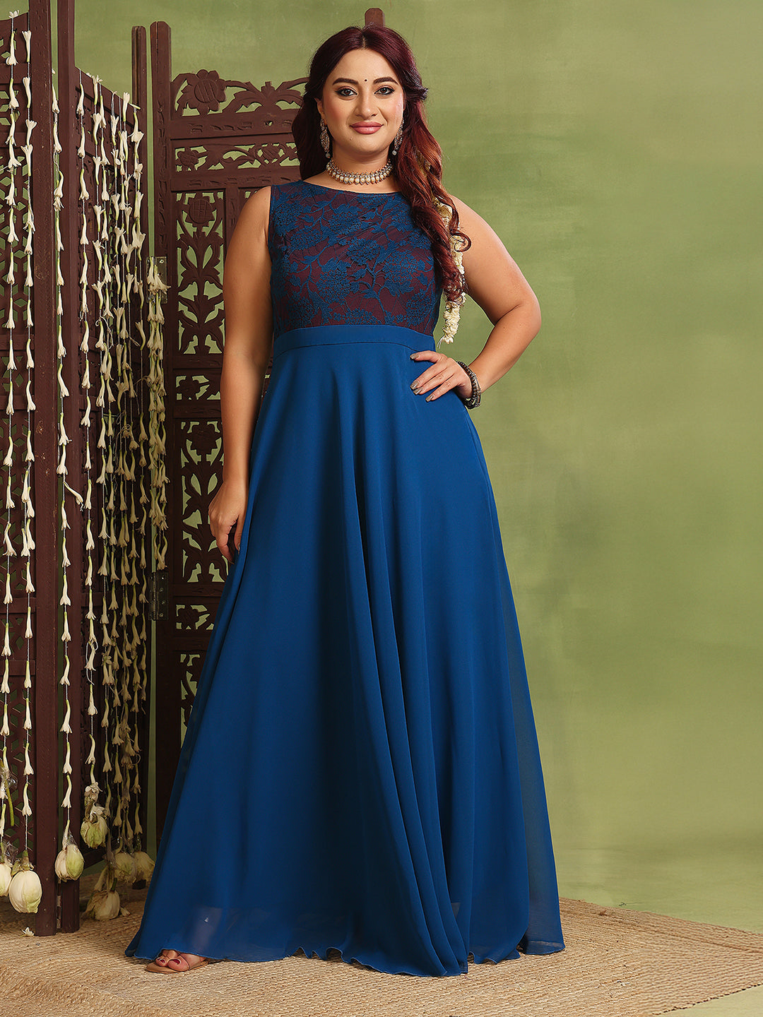 Women's Royal Blue Sleeveless Georgette Floral Lace Fit & Flare Maxi Dress