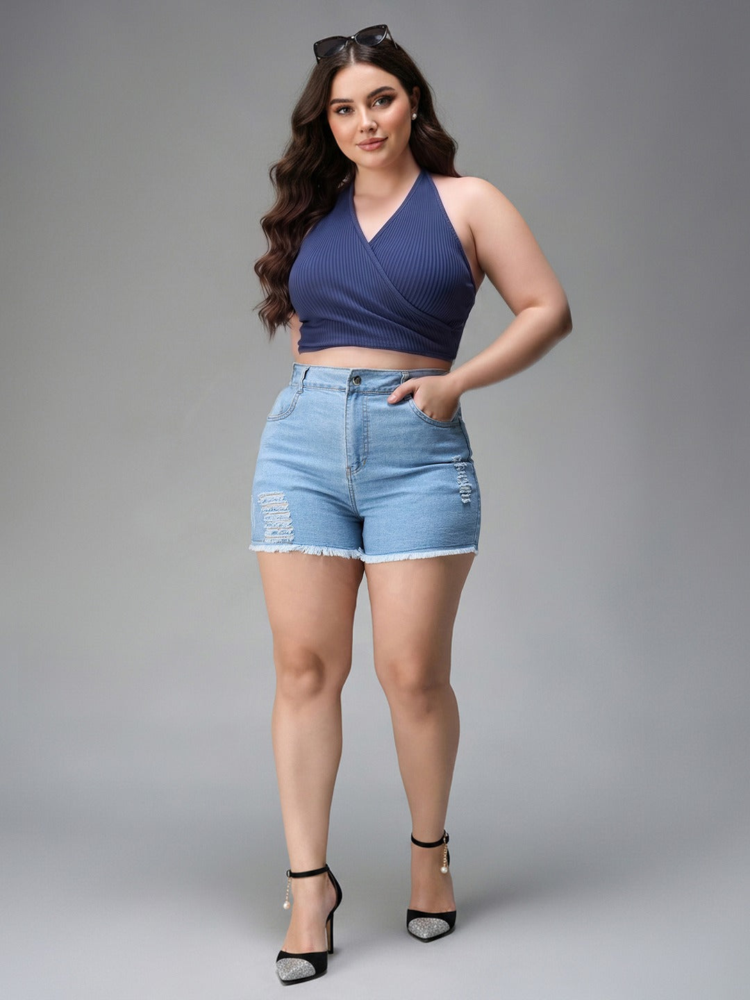 Blue Relaxed Mid Rise High Distress Regular Non Stretchable Denim Shorts for Women
