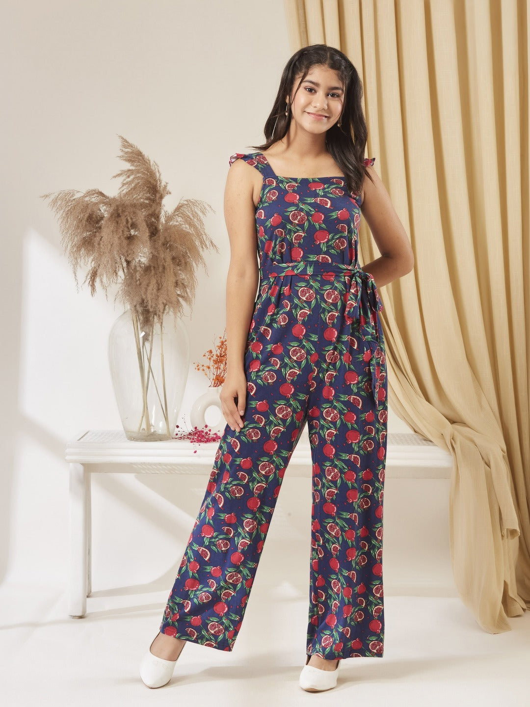 Navy Square Neck Sleeveless Fruit Waist Tie-Up Pure Cotton Regular-Length Jumpsuit for Girls/Teenagers