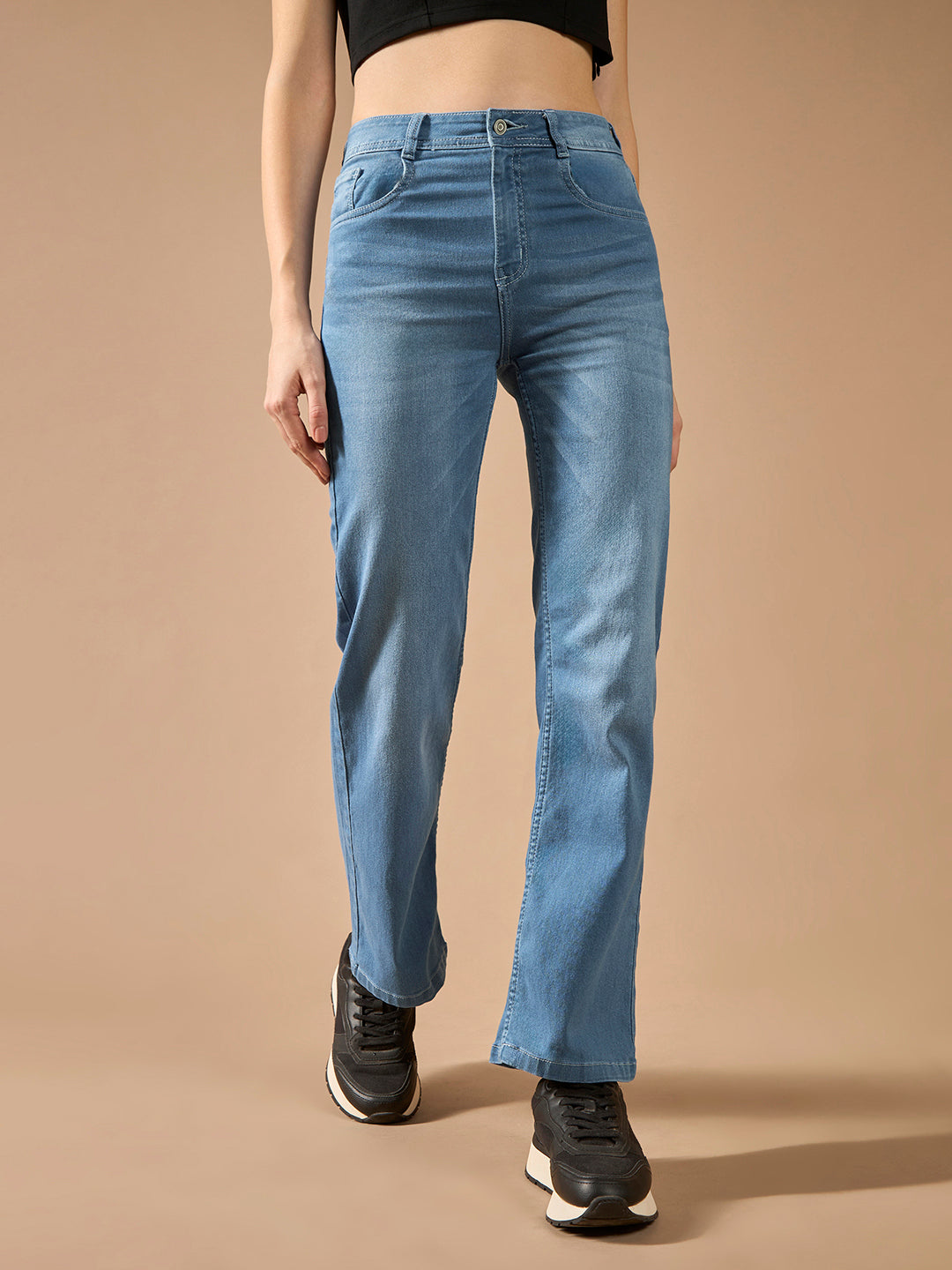 Women's Light Blue Wide-Leg Mid Rise Clean Look Regular Length Blast Effect Light Weight Denim Jeans