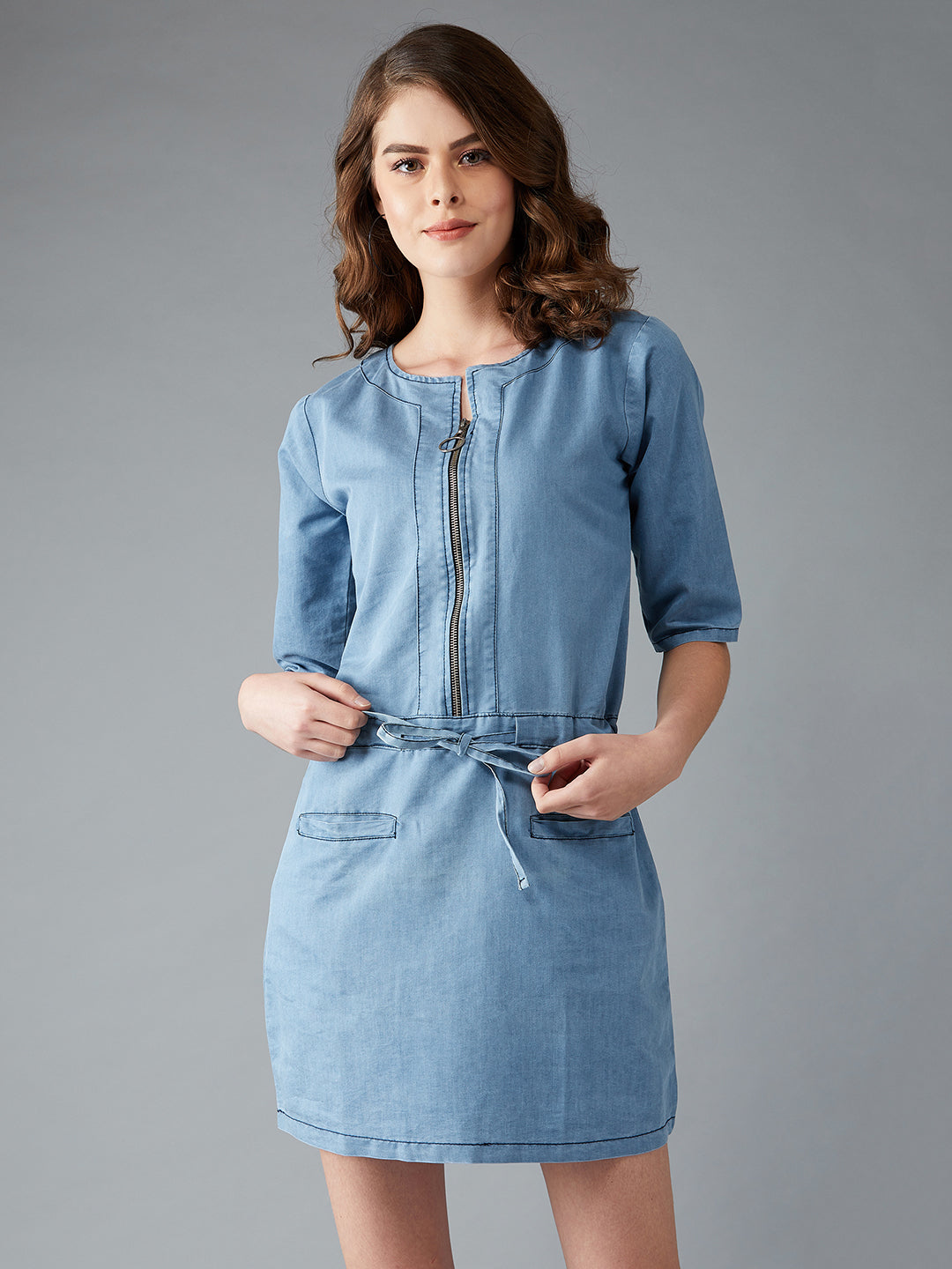 Women's Light Blue Polo Neck 3/4 Sleeve Denim Solid Midi Shift Dress