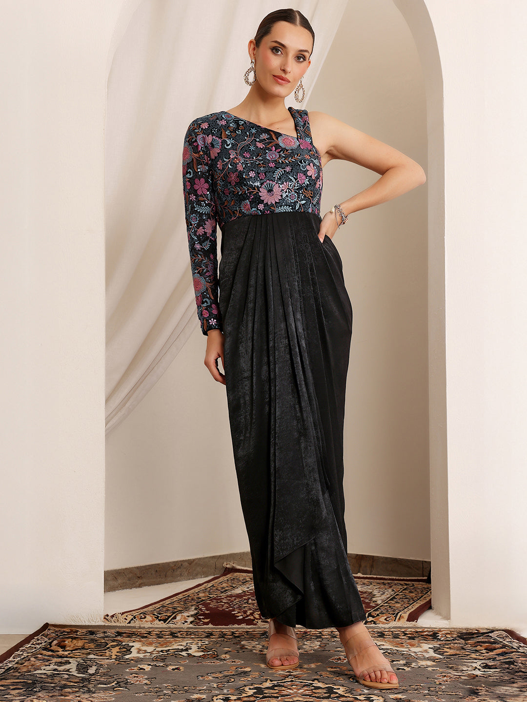Women's Black One-Shoulder Full Sleeve Embroidered Pleated Satin Maxi Dress
