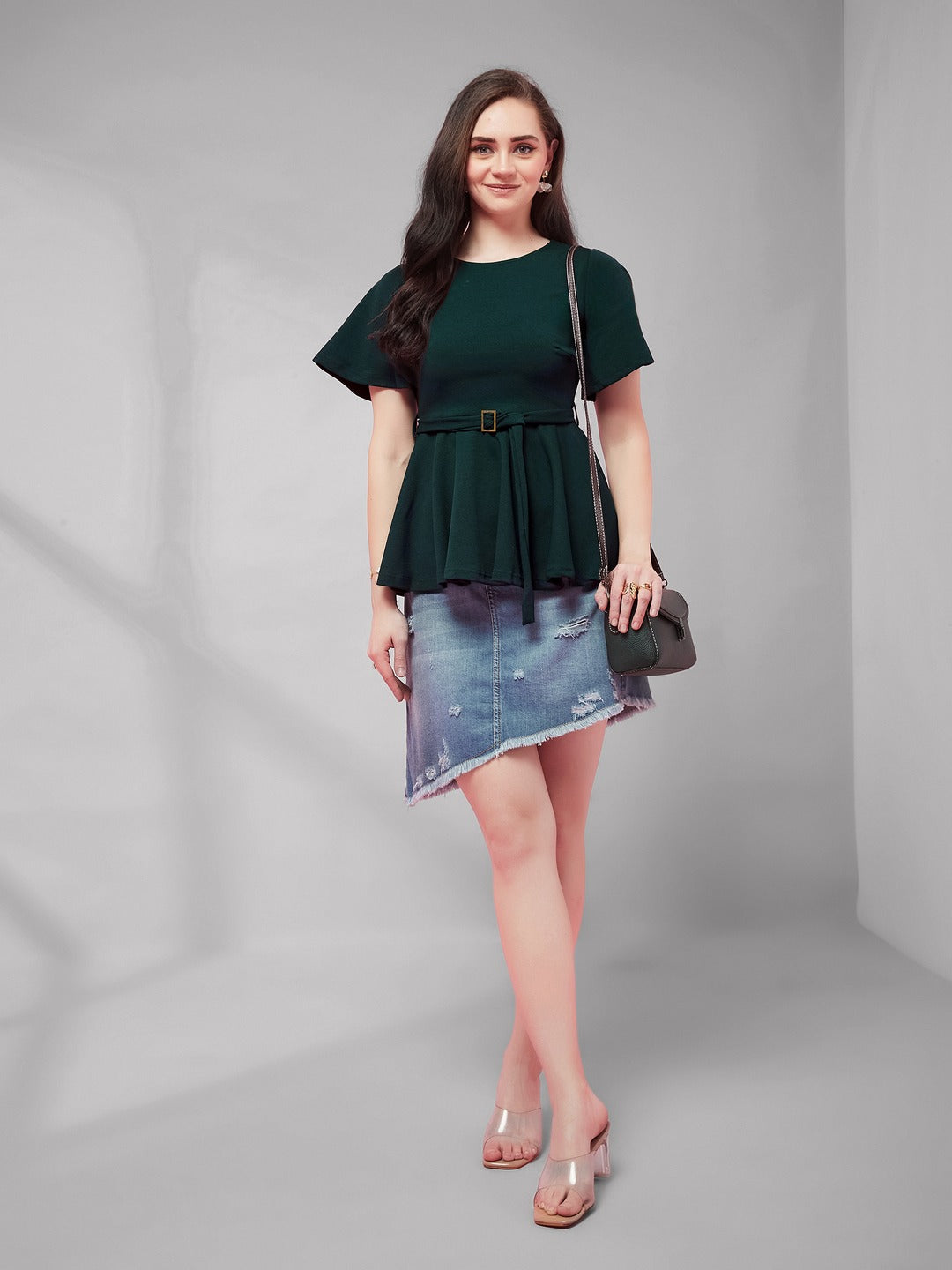 Green Solid Polyester Slim Fit Round Neck Short Sleeve Regular Length Top  for Women