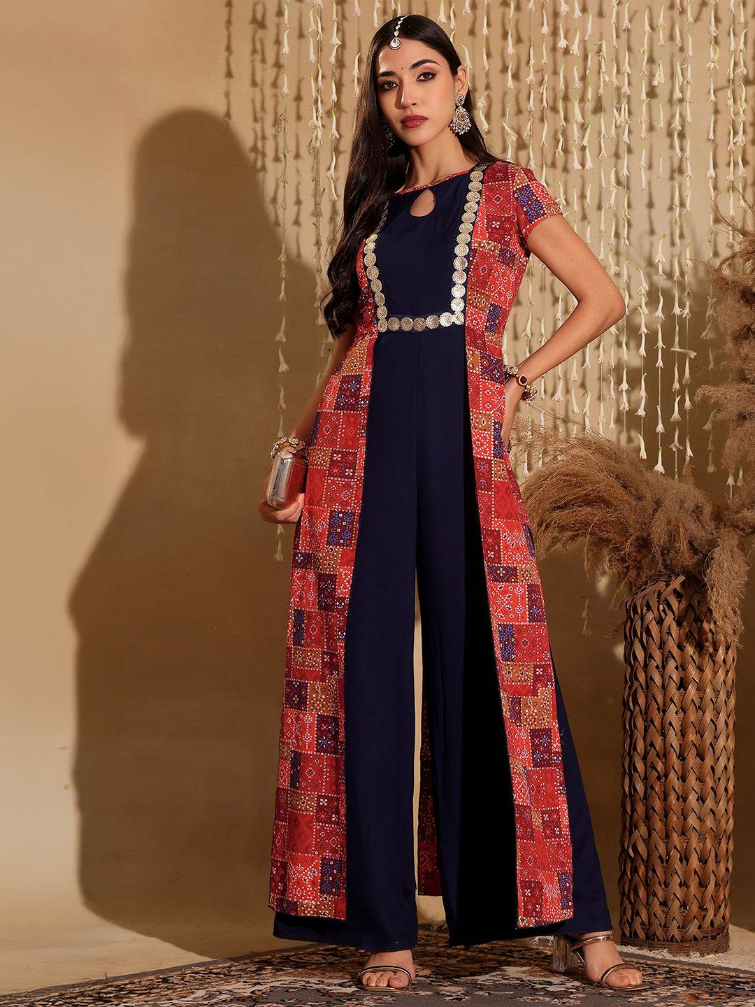 Women's Multicolored-Base-Navy Blue Keyhole-Neck Regular Sleeve Bohemian Paneled Viscose-Rayon Regular-Length Jumpsuit
