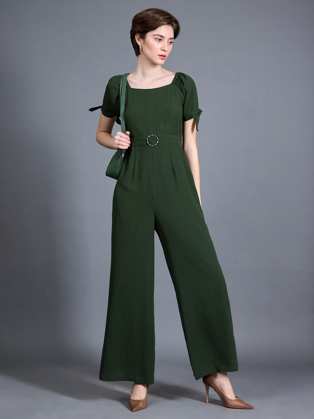 Women's Dark Green Square neck Puff sleeve Solid Wide Leg Regular Jumpsuit