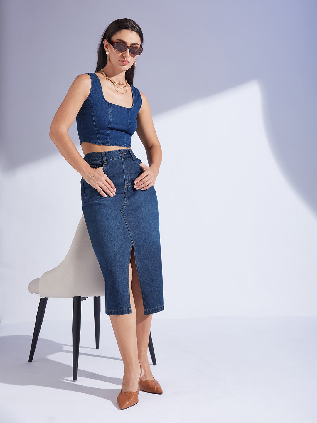 Women's Dark Blue A-Line High-Rise Clean-Look Non-stretchable Denim Midi Skirt