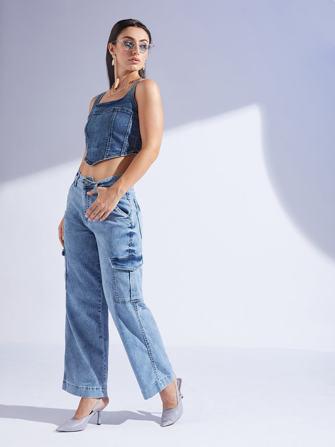 Women's Light Blue Wide-Leg High-Rise Clean-Look Regular-Length Stretchable Flared Cargo Style Denim Jeans