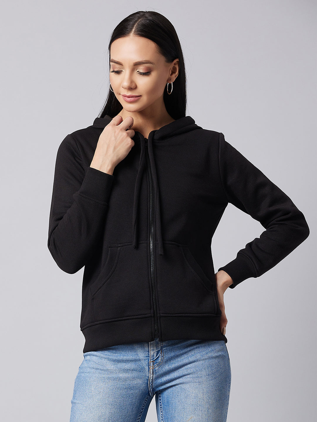 Women's Black Round Neck Full Sleeve Solid Hooded Regular Sweatshirt