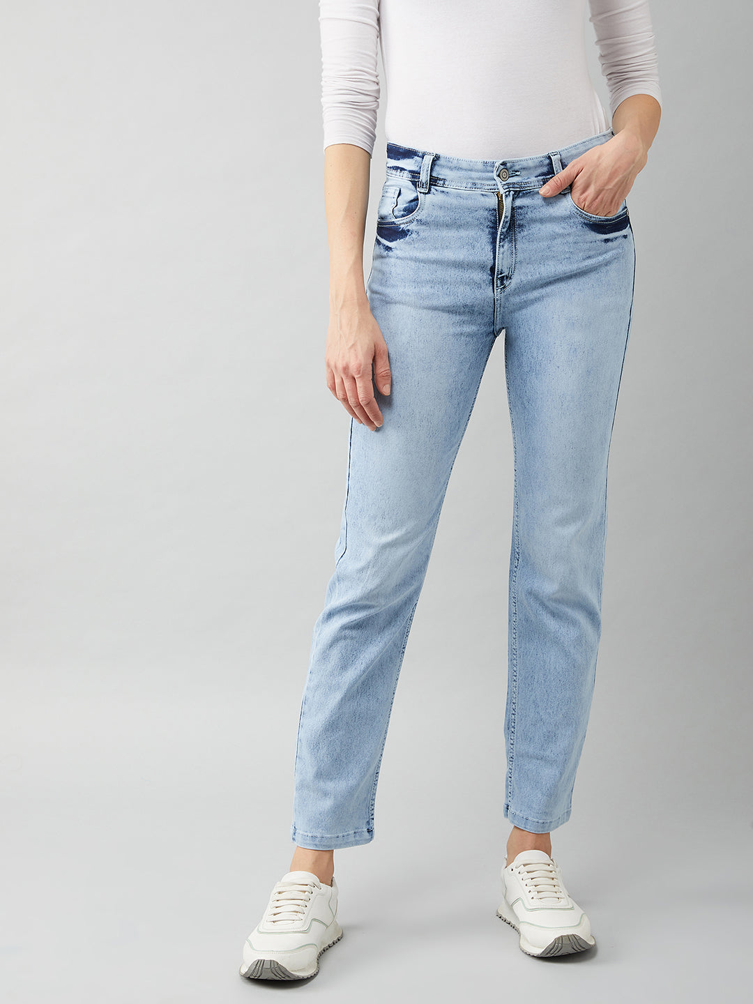 24/7 Comfort Women's Light Blue Wide-Leg Fit High Rise Clean Look Regular Length Stretchable Denim Jeans