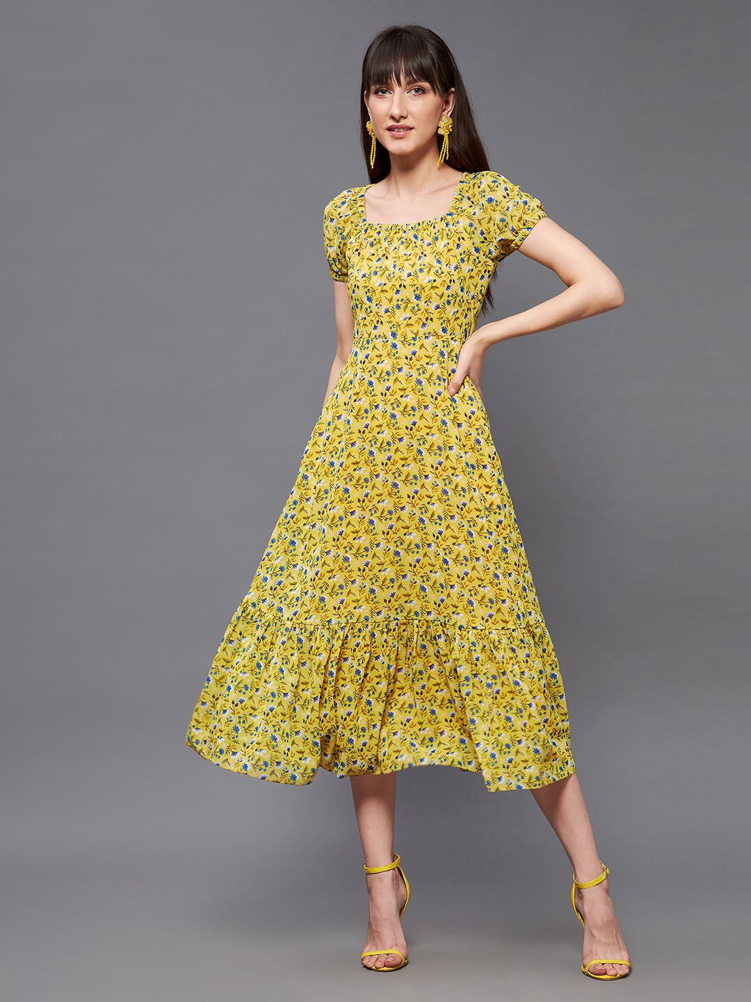 Women's Multicolored Base-Yellow Square Neck Short Puff Sleeve Floral Tiered Georgette Midi Dress