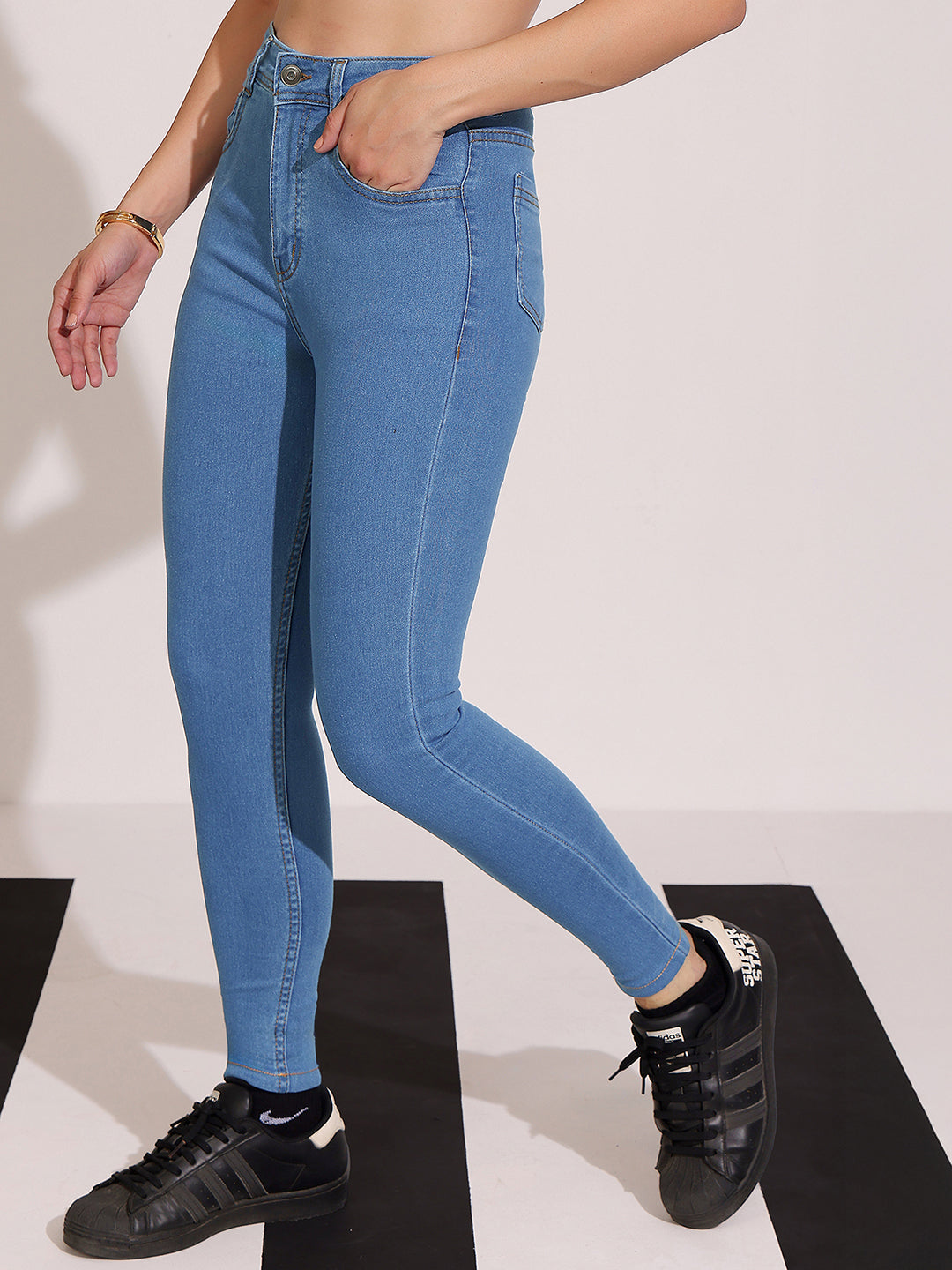 Women's Blue Solid Skinny High Rise Clean Look Cropped Fringe Detailing Solid Stretchable Denim Jeans