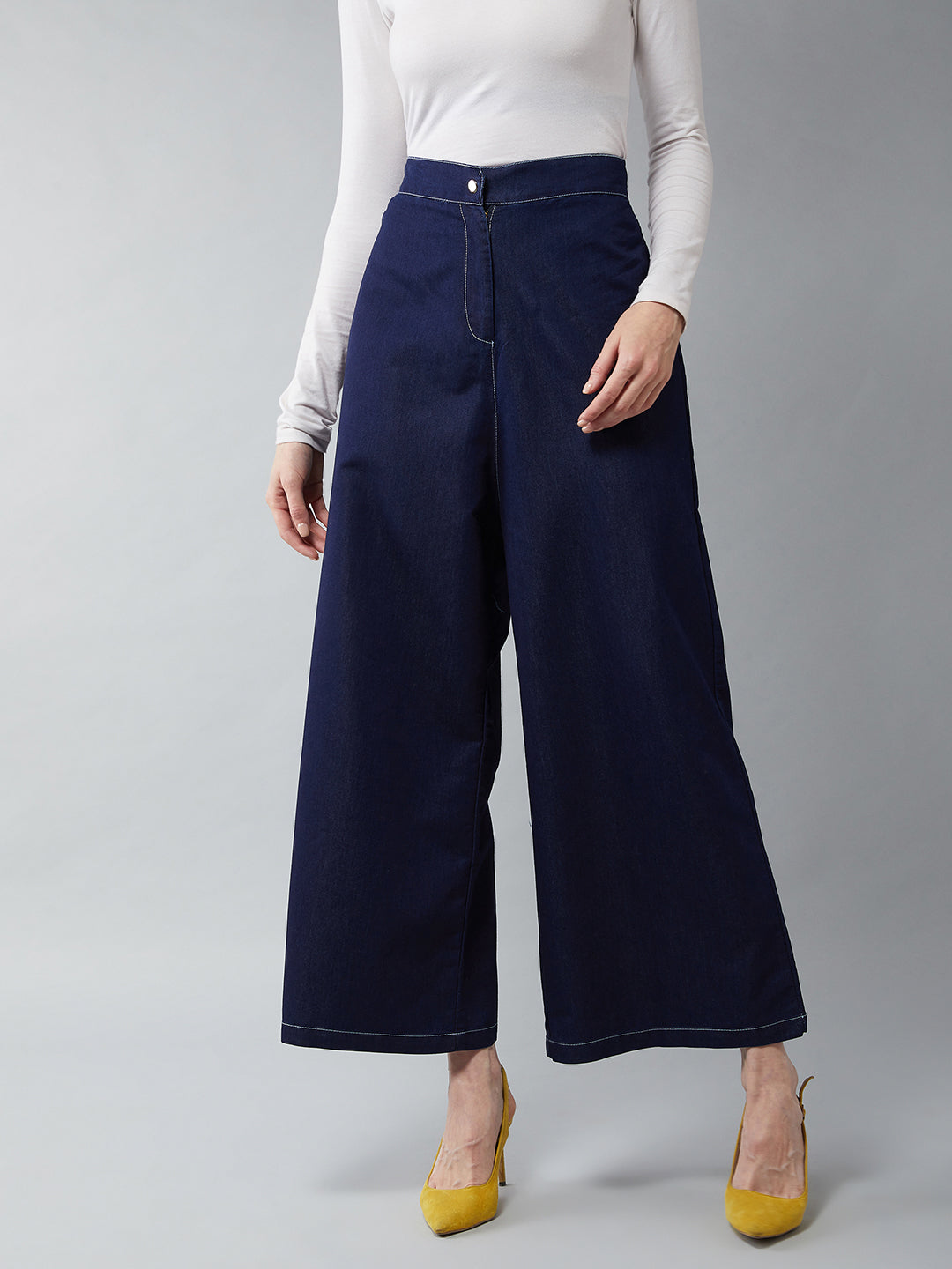 Women's Navy Blue Wide-Leg High Rise Light Weight Clean Look Regular Length Denim Pants