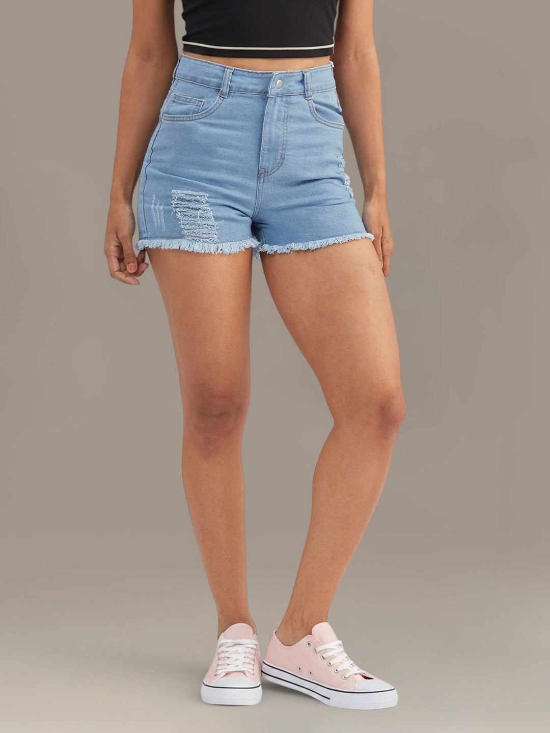Blue Relaxed Mid Rise High Distress Regular Non Stretchable Denim Shorts for Women