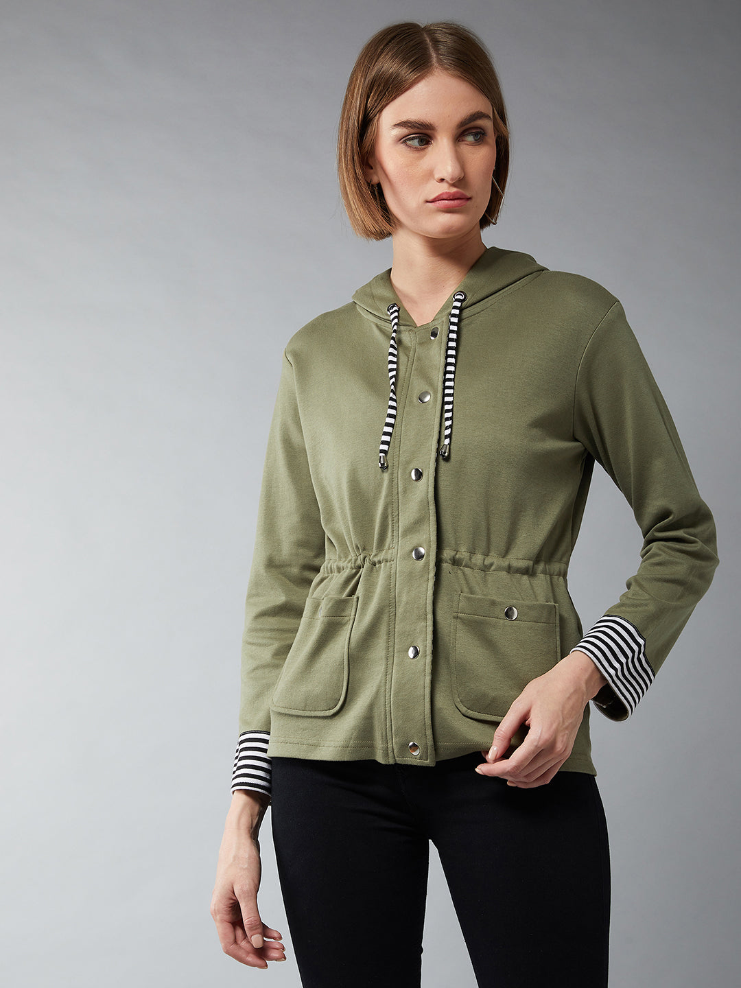 Women's Multicolor-Base Olive Green Hooded Full Sleeves Solid Waist Tie-Up Jacket