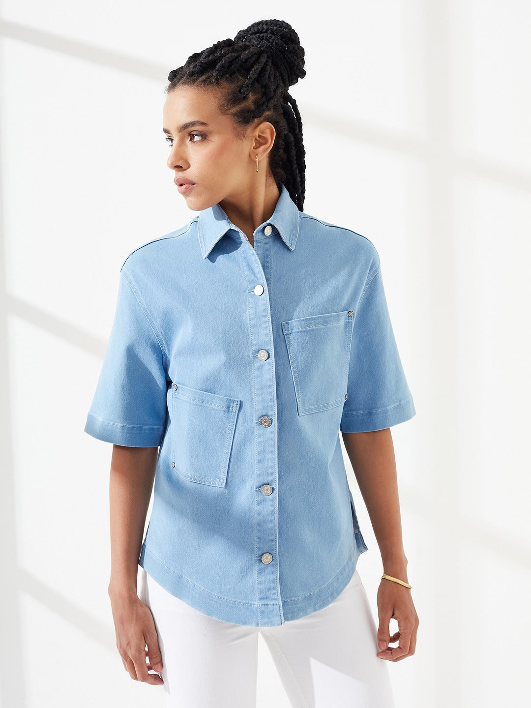 Light Blue Shirt Collar Half-Sleeves Asymmetrical Panelled Denim Shirt for Women
