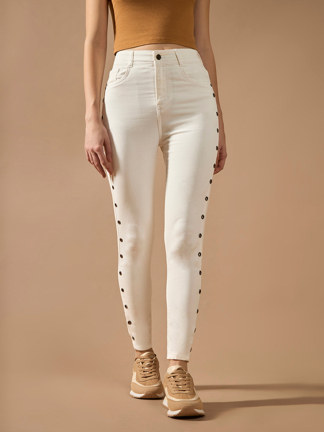 Women's White Skinny High-Rise Clean-Look Eyelet detailing Regular-Length Stretchable Denim Jeans
