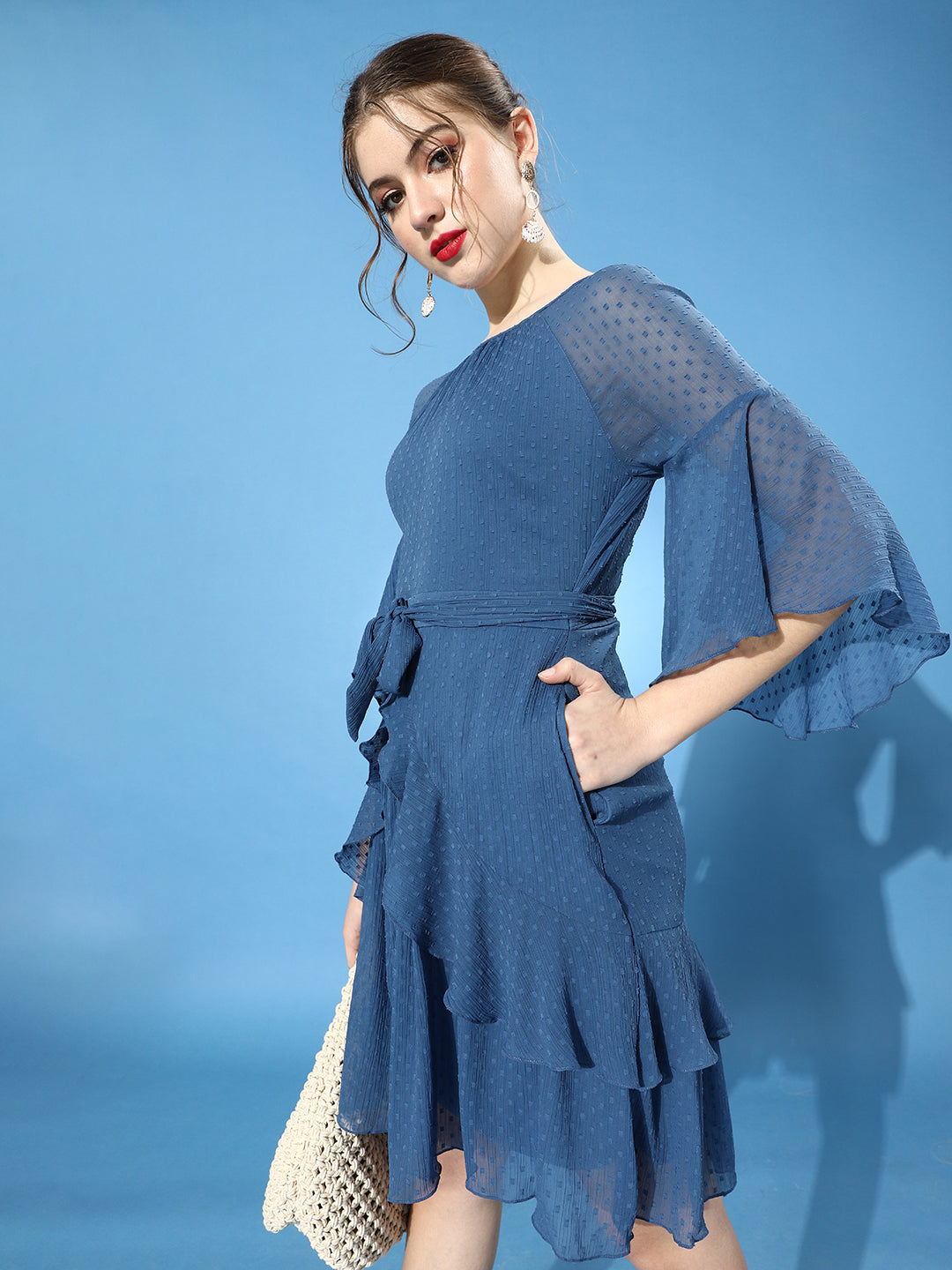 Women's Dusty Blue Round Neck Ruffled Sleeve Solid Ruffled Midi Dress