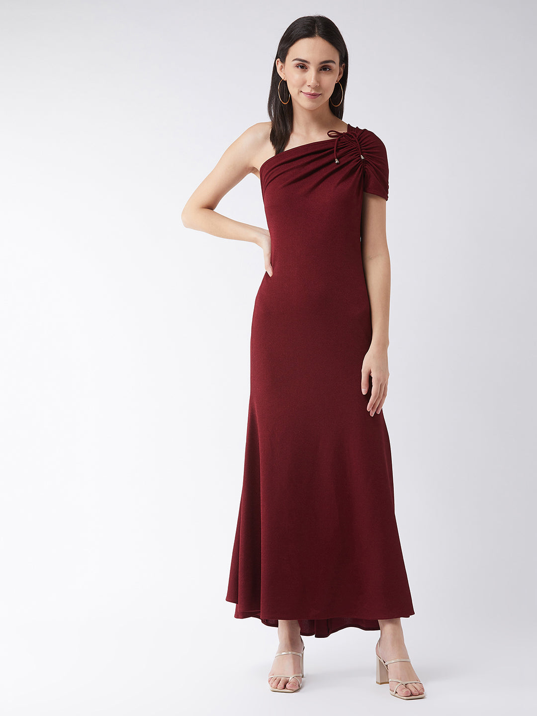 Crease Ease Women's Maroon One-Shoulder Half Sleeve Solid Ruching Maxi Dress